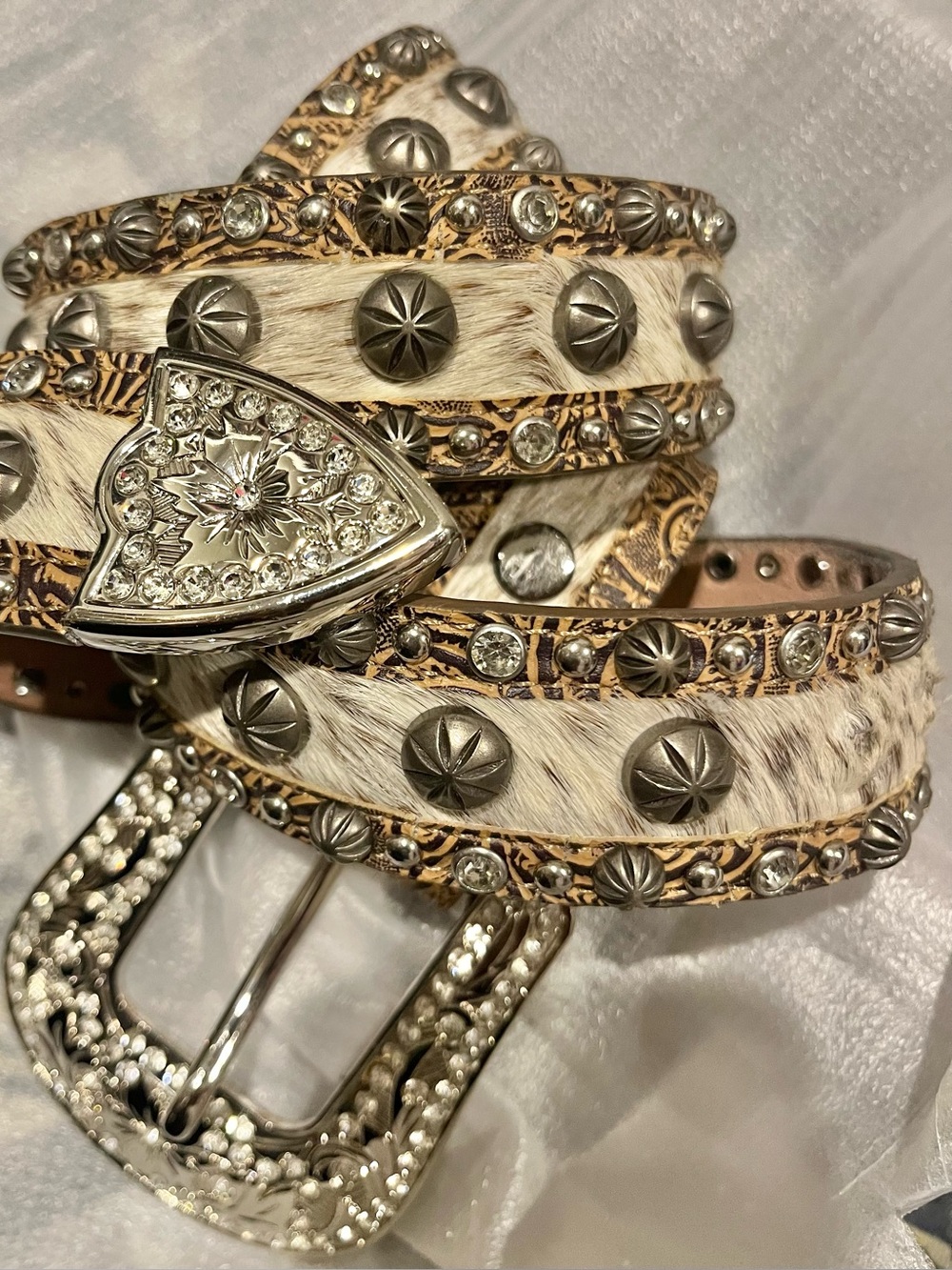 Buckle Embellished Hair-On Hide Belt in Cream and Silver